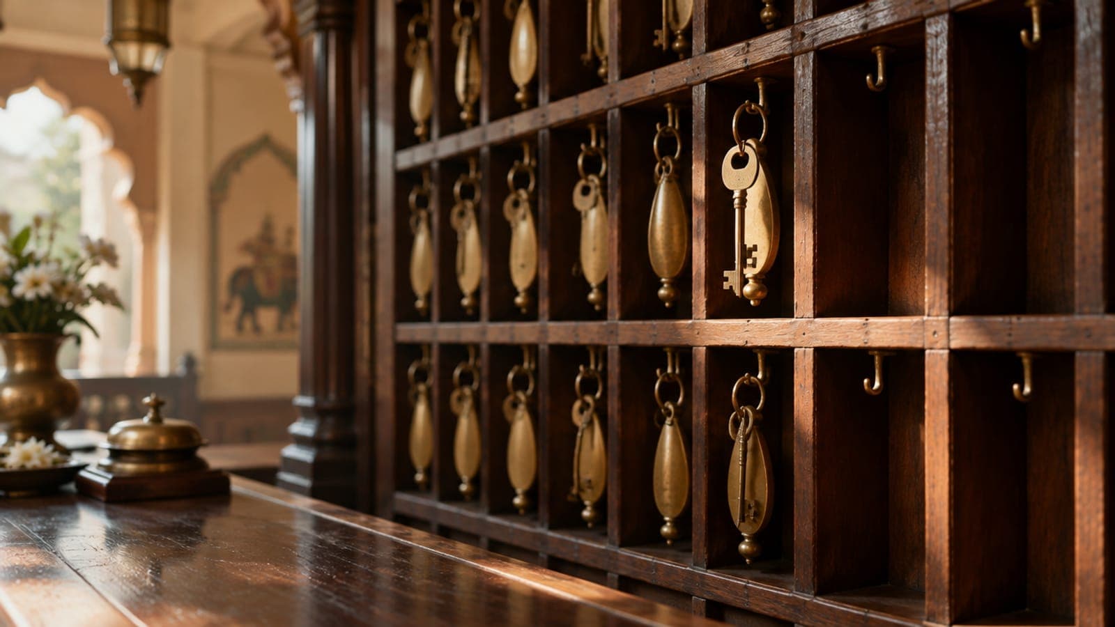 Brass room keys on hooks behind a hotel reception desk, with a few hooks empty