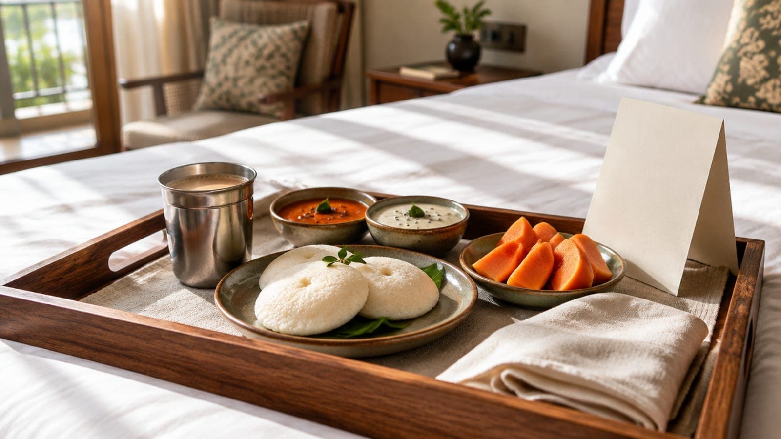 A breakfast tray with chai, idli and fruit on a hotel bed in morning light