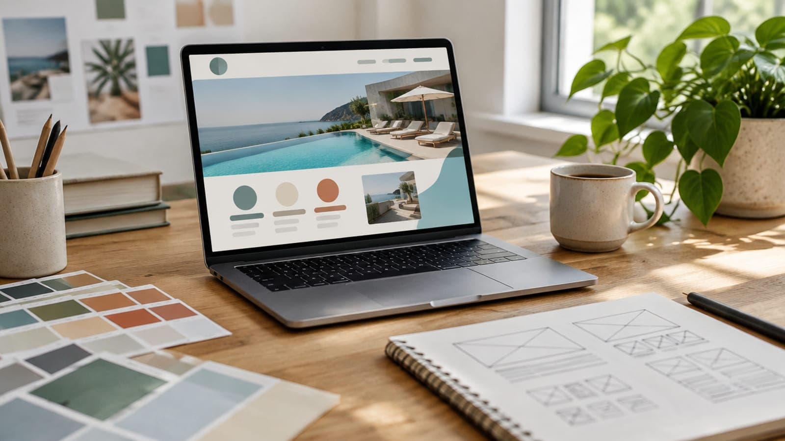 A designer's desk with a laptop showing a hotel website layout, colour swatches and a sketchbook