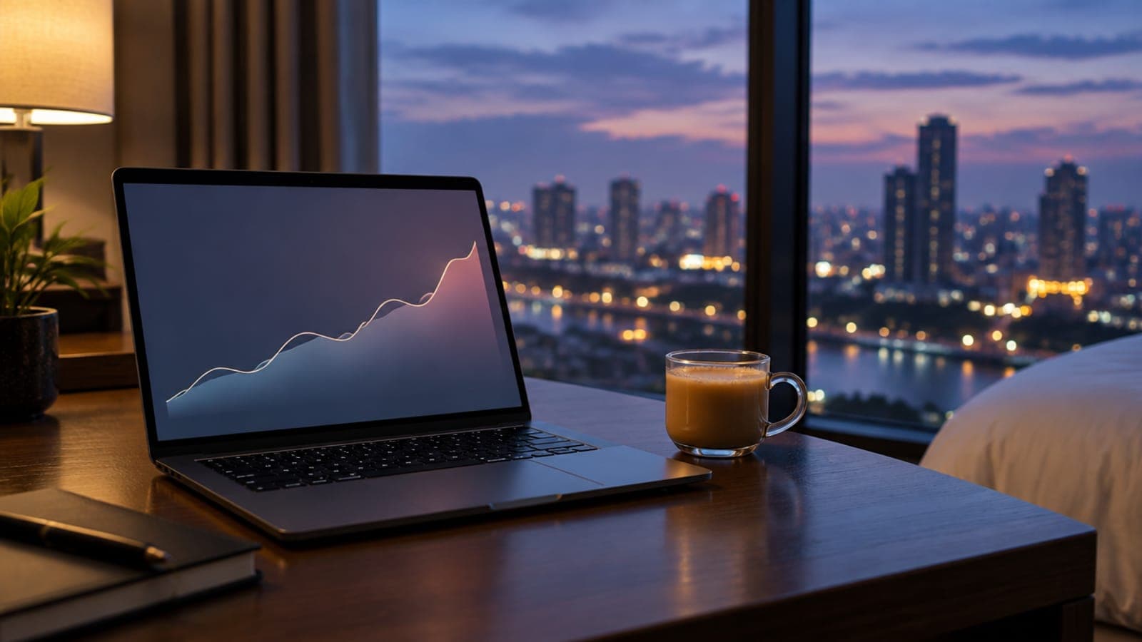 A laptop with a rising chart on a hotel desk at dusk, city lights coming on outside