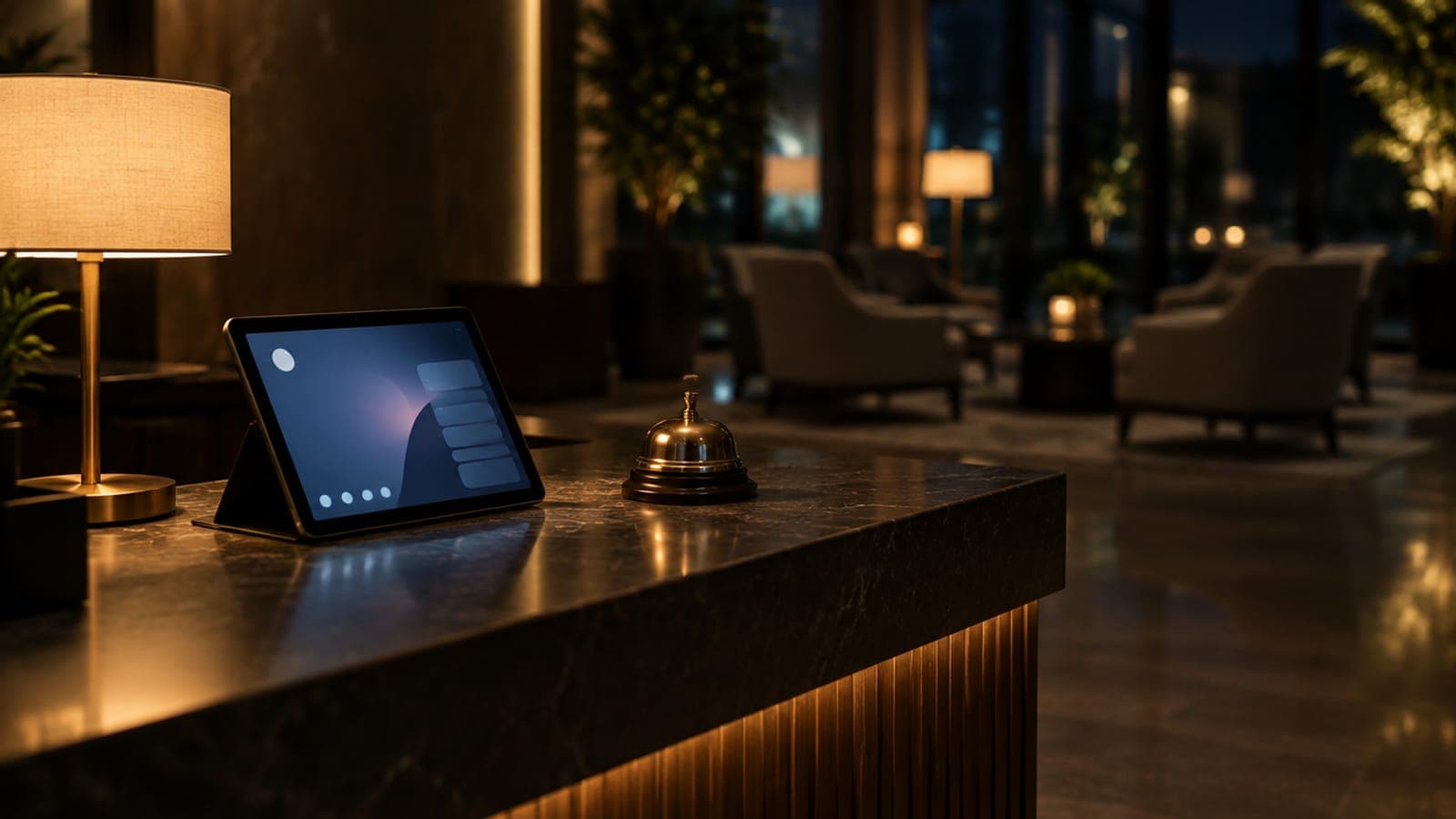 A quiet hotel front desk at night with a lamp, a tablet on a stand and a brass bell