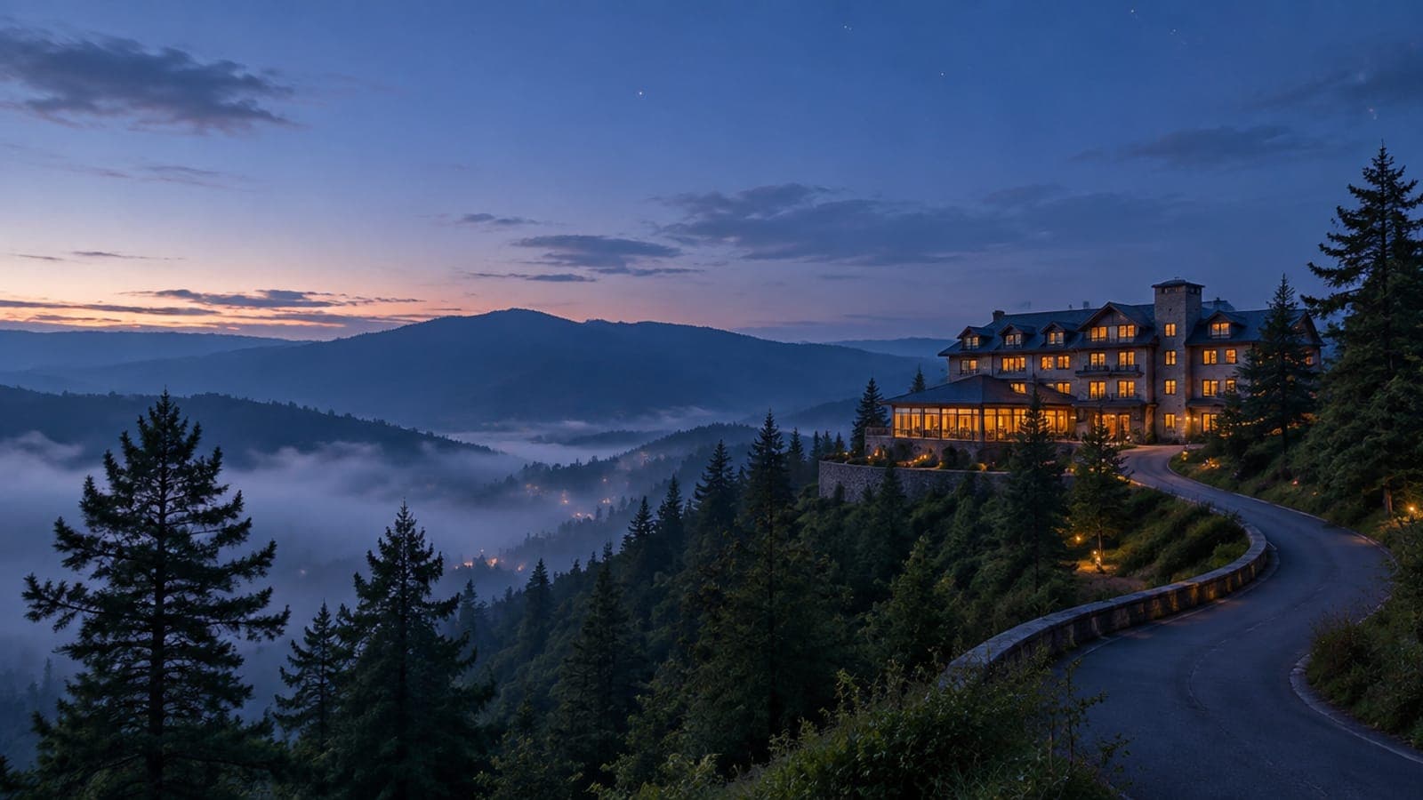 A small hill-station hotel with lit windows at blue hour, a winding road leading up to it