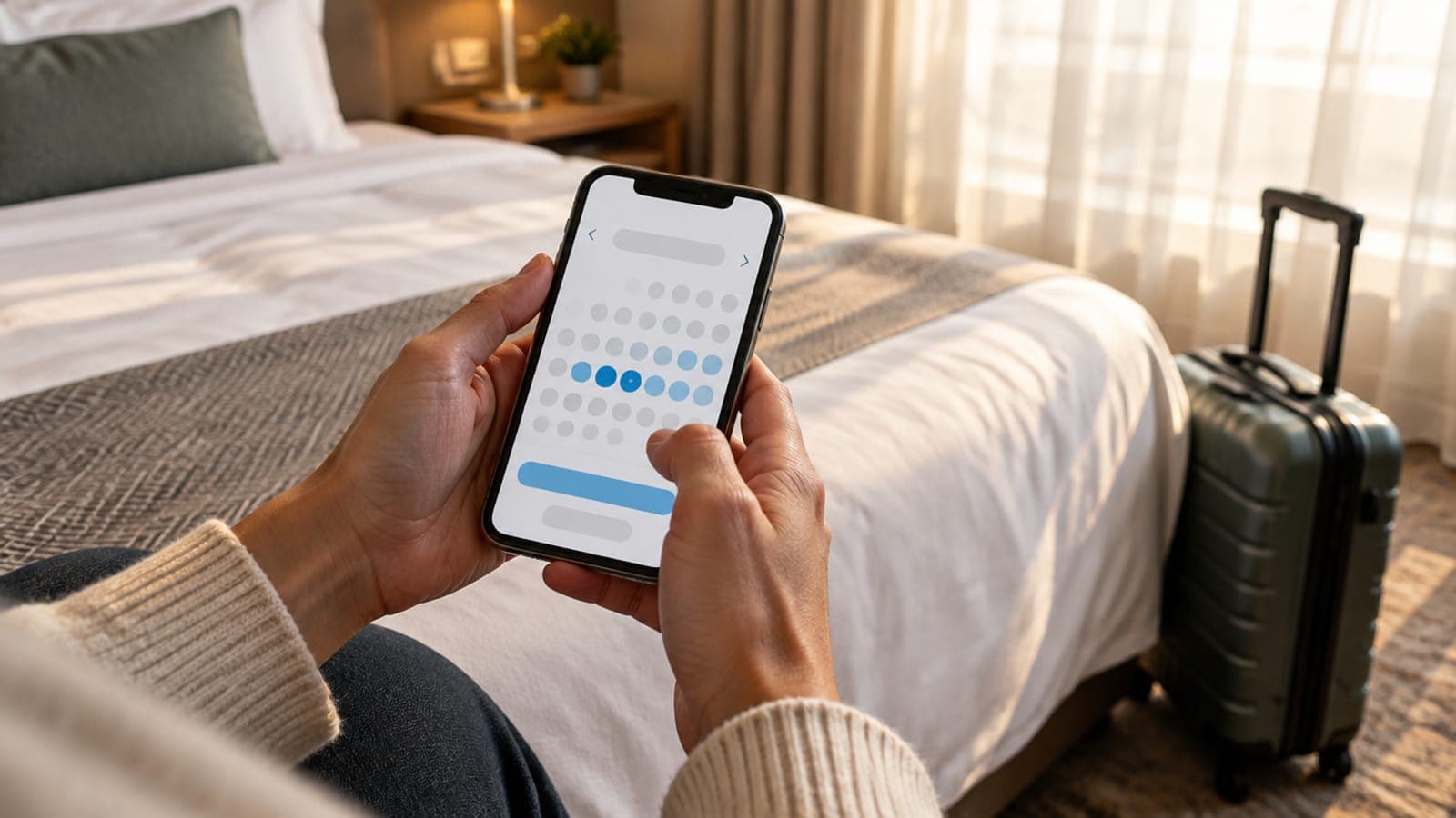 A traveller's hands holding a phone with a date picker above a hotel bed