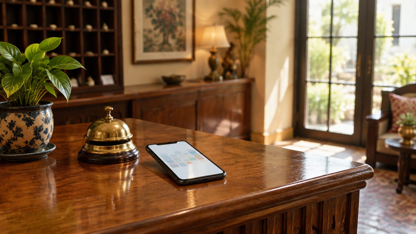 A phone showing a booking calendar on a hotel's wooden reception counter, next to a brass bell