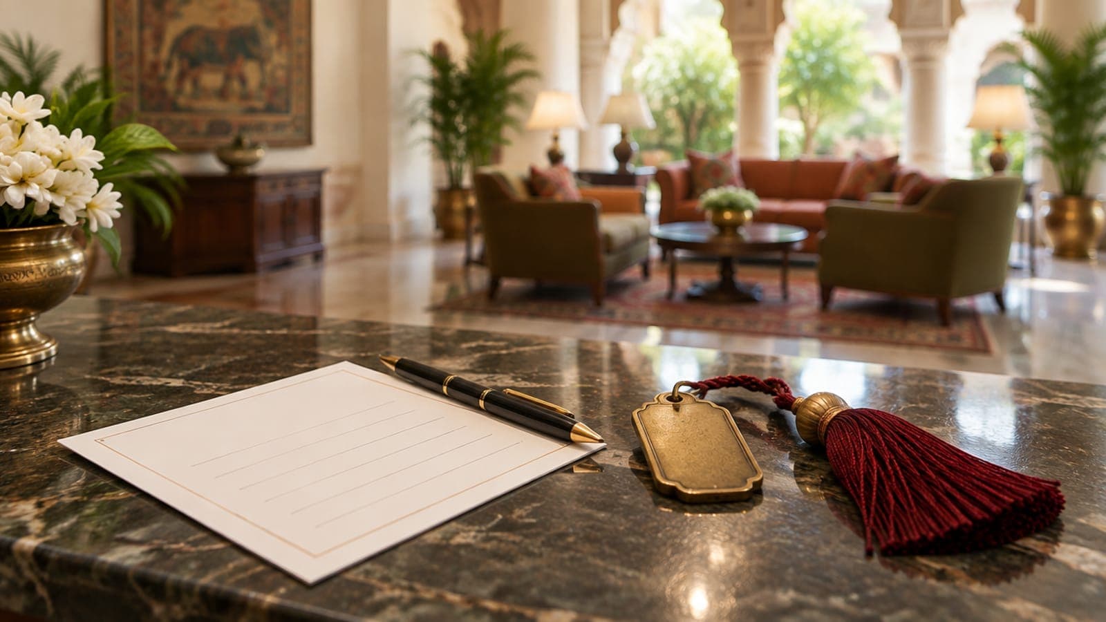 A blank guest registration card, a pen and a room key on a hotel reception counter