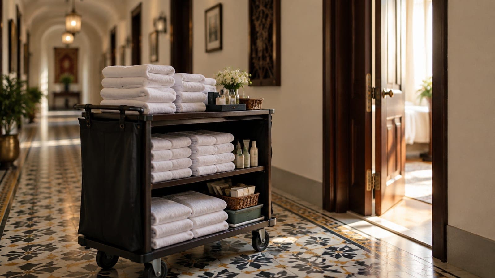 A housekeeping trolley with fresh towels in a quiet hotel corridor