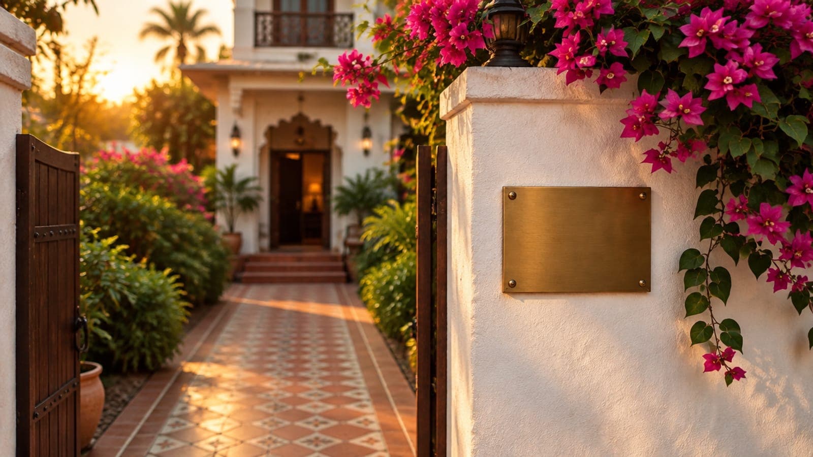 A hotel entrance gate with a brass plaque and bougainvillea at golden hour