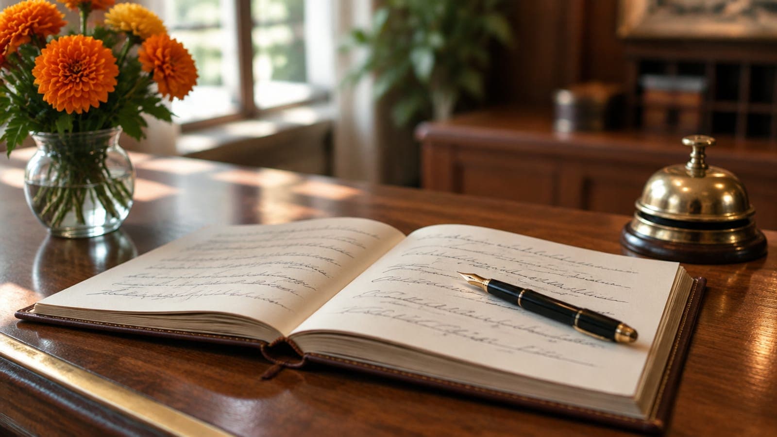 An open hotel guest book with a fountain pen and marigolds on the reception desk