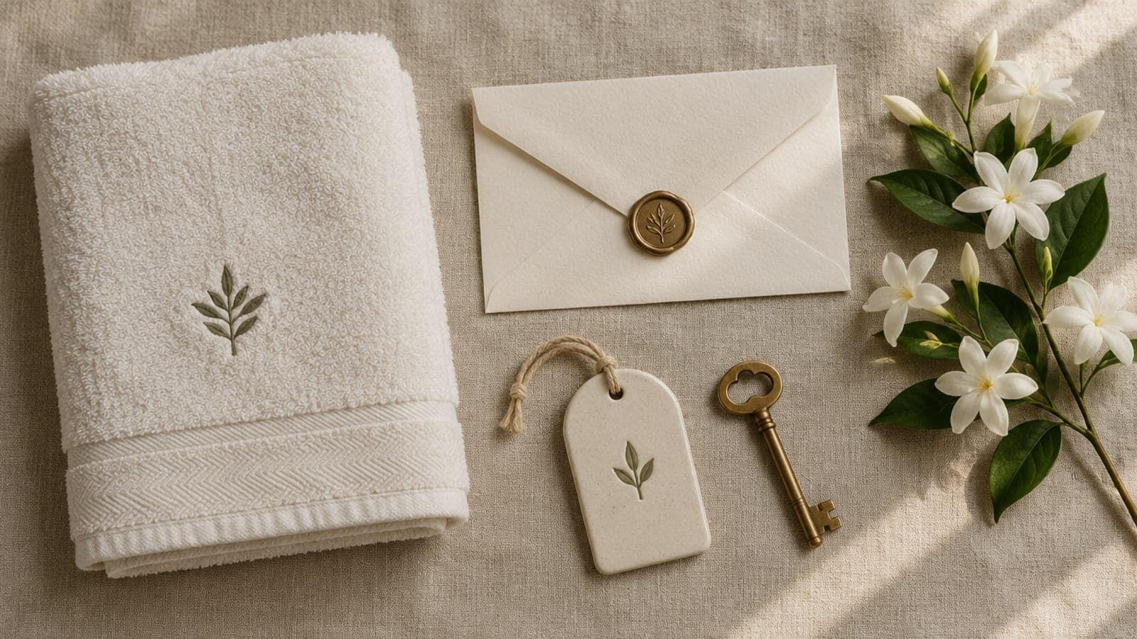 A towel with an embroidered emblem, a sealed envelope, a room tag and jasmine laid on linen