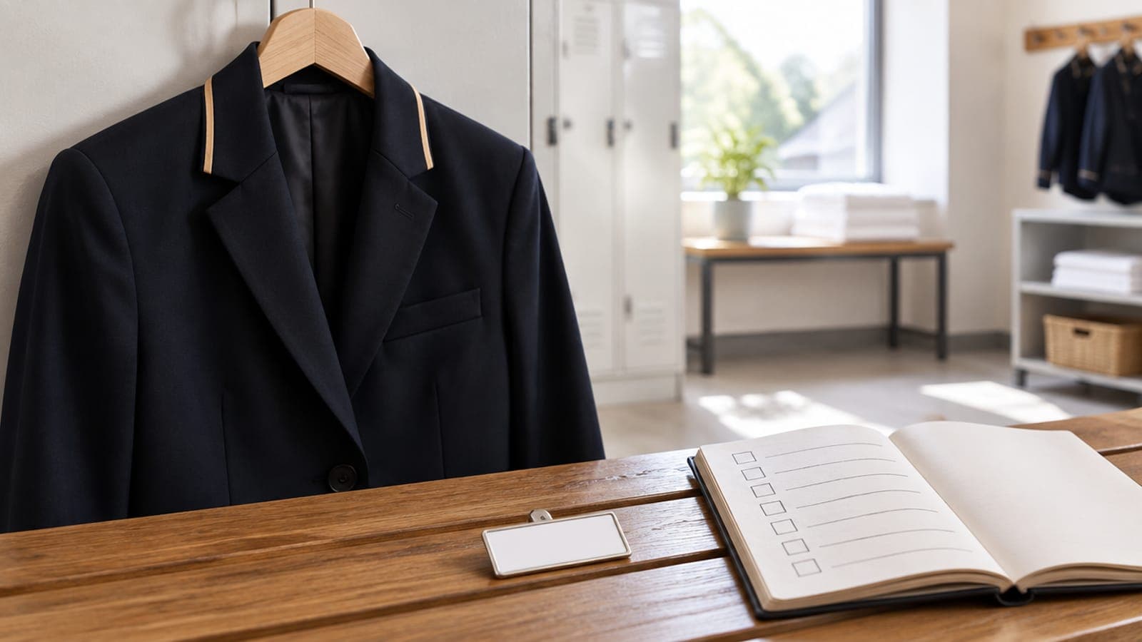 A staff uniform jacket, a blank name badge and a checklist notebook on a bench