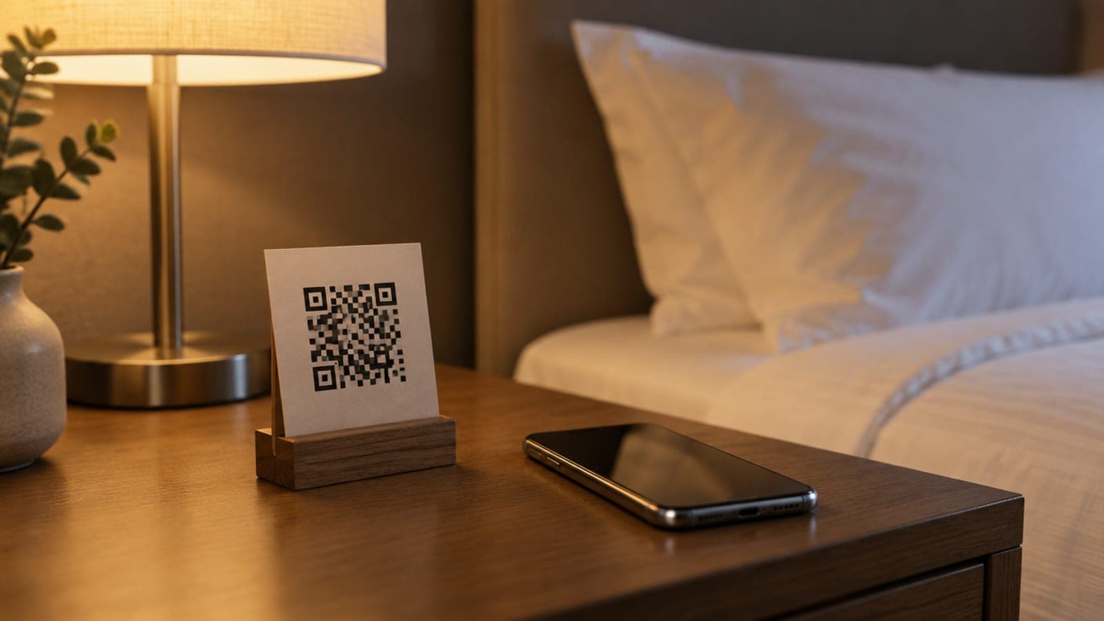 A QR card on a stand beside a lamp and a phone on a hotel bedside table