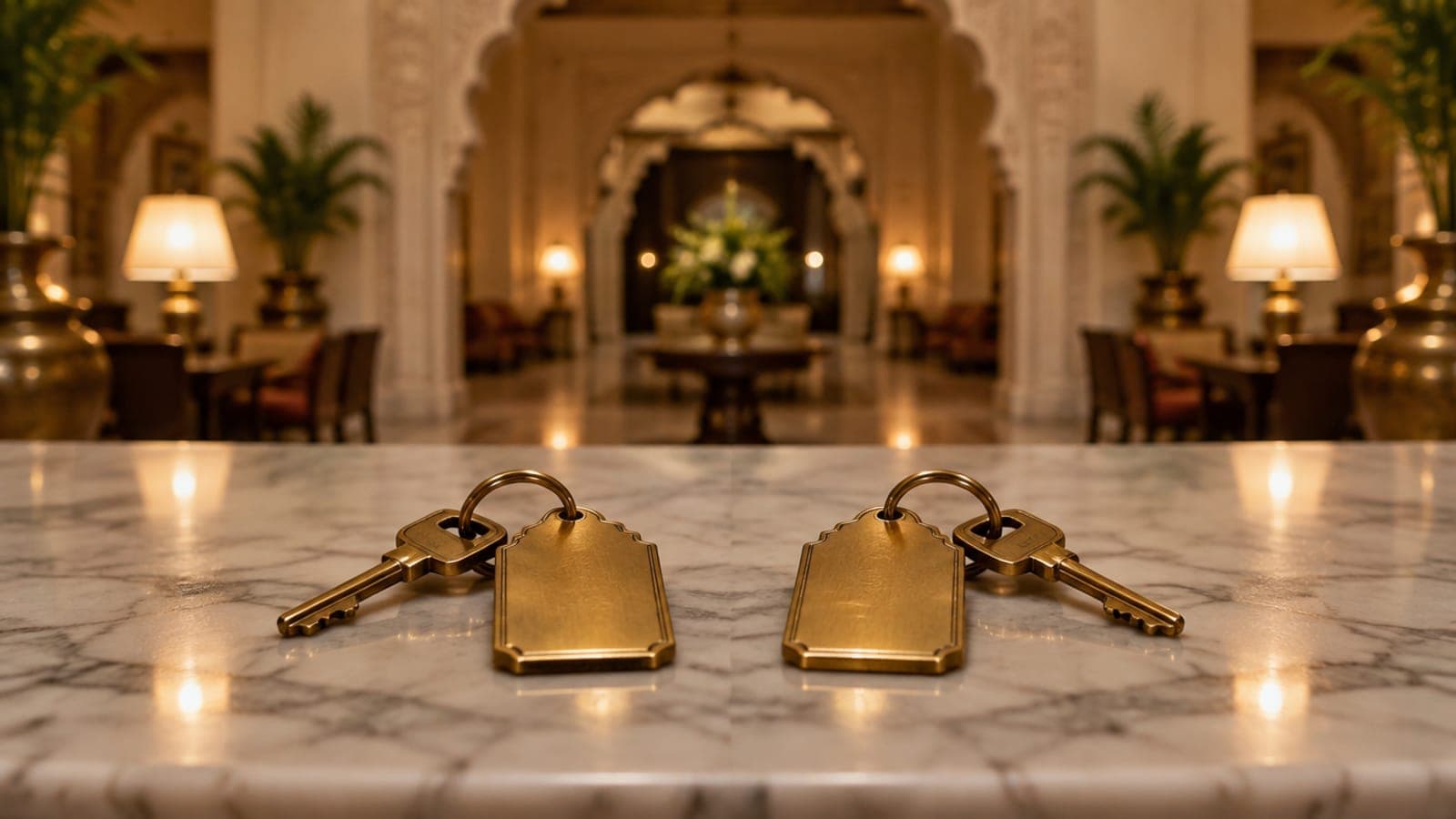 Two matching room keys with brass tags side by side on a marble reception desk